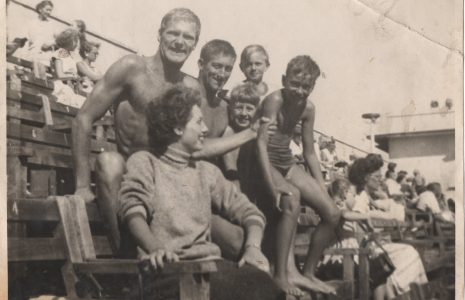 Photograph of Charlie Overett with a group of other swimmers at Morecambe Super Swimming Stadium