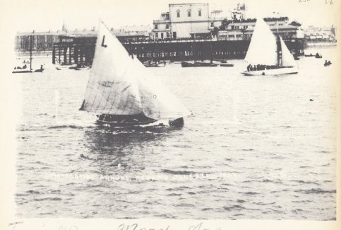 Mussel boat "Mary Ann" sailing in the annual Morecambe Regatta, with Central Pier in the background