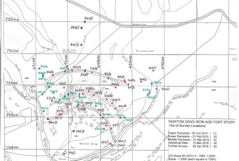 Archaeological Survey Map of results from Warton Crag field-walking between 2014-2016 by White Cross Archaeology Group